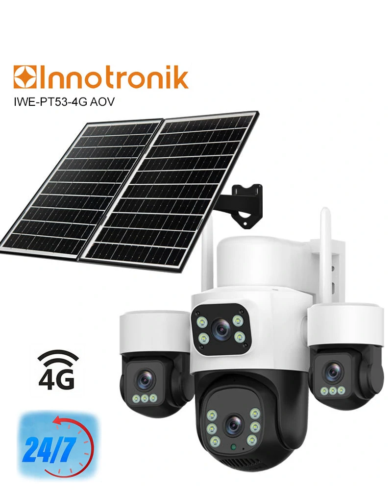 Solární otočná 4G IP kamera Innotronik IWE-PT53-4G AOV, 4× 2MPix, 16W