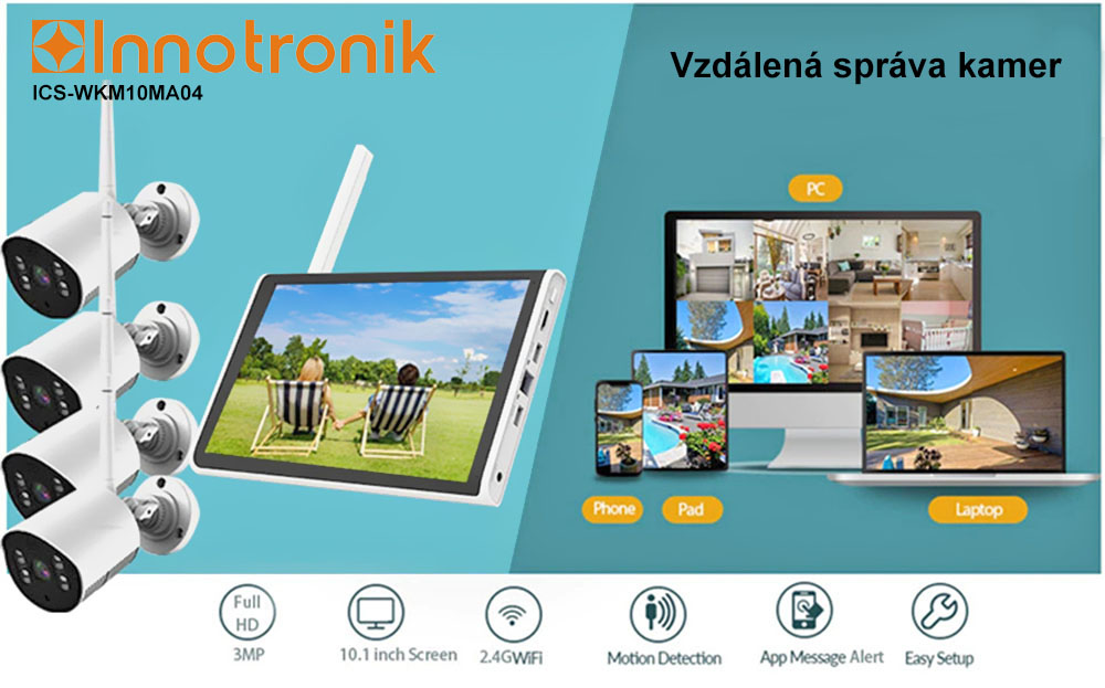 WiFi kamerový systém Innotronik ICS-WKM10MA04 - 4x 3Mpix + 10,1" LCD NVR