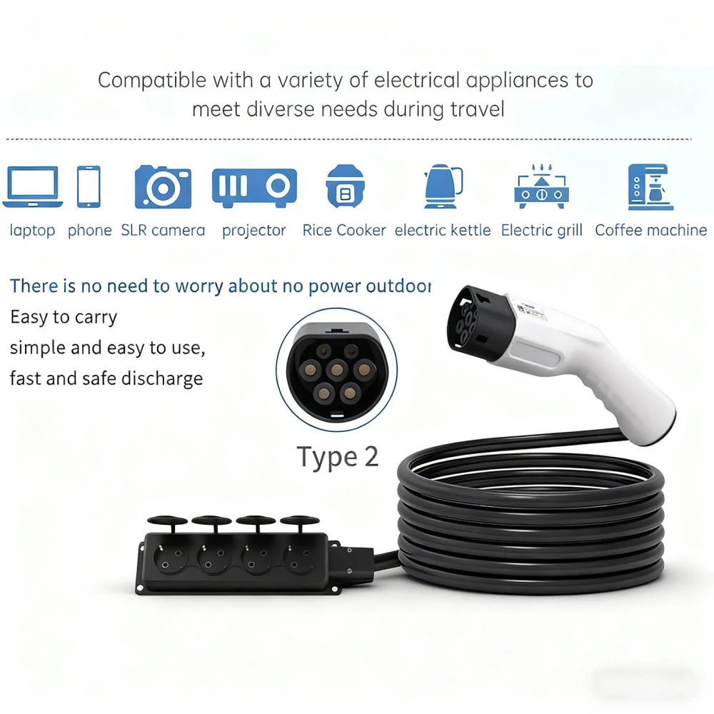 Adaptér Type2 / 4x Schuko V2L pro elektromobilů AK-SC-E27 samice – samice 16A 3m